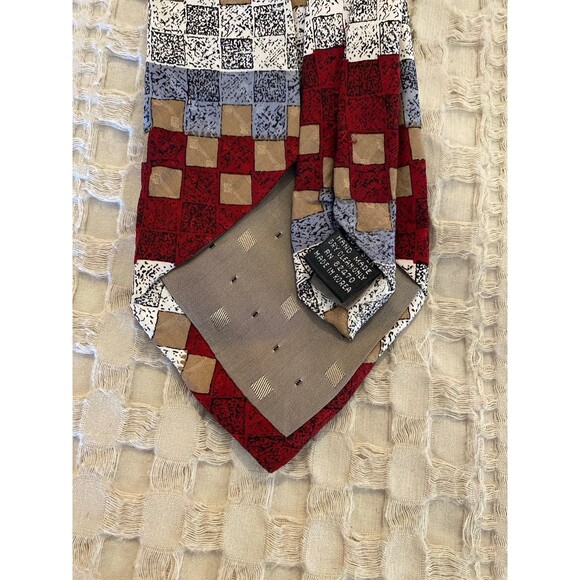 Daniel de Fasson Necktie 100% Silk Burgundy Gray Tan Checked Pattern Dressy - Picture 2 of 6